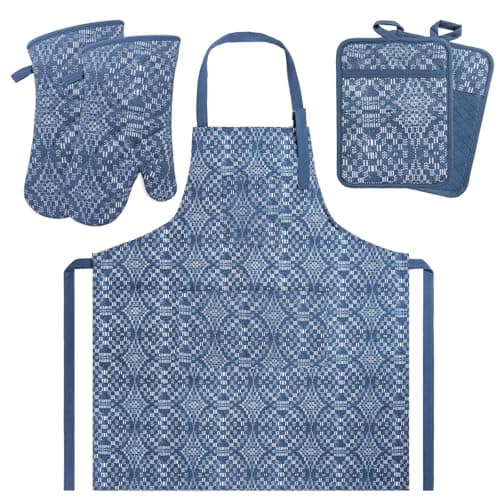 Oven Mitts and Pot Holders with Cooking Apron Set of 5, Heat Resistant Kitchen Gloves and Silicone Non-Slip Potholders (Dusty Blue)