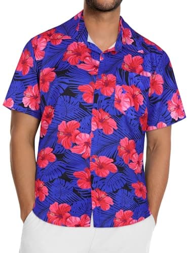 Mens Hawaiian Shirt Short Sleeve Summer Beach Casual Tops Button Down T Shirts with Pocket(Royal Pink Floral,S)