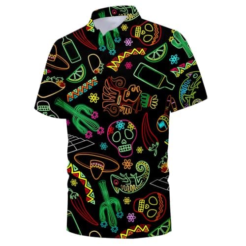 Mexican Elements Funny Golf Shirts for Men,Mens Hawaiian Shirts Short Sleeve Novelty Crazy Golf Shirts