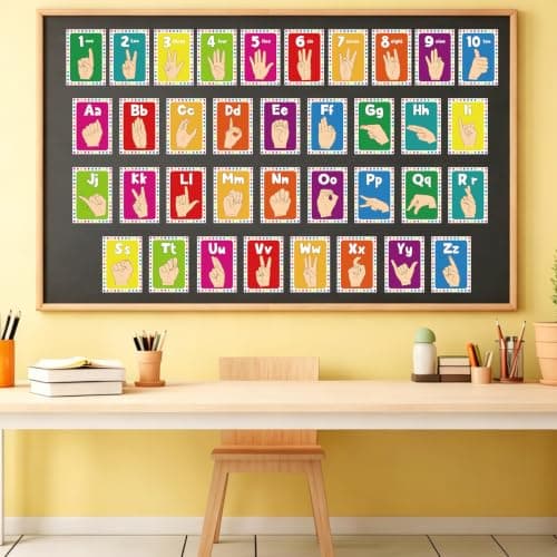 Adecortalk Sign Language Bulletin Board Set 37Pcs ASL Alphabet Cards ABC Alphabet Posters Classroom Cards for Kindergarten Elementary Homeschool Supplies