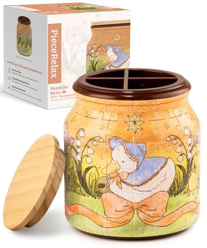 PieceRelax 3D Puzzle Jar 96 Plastic Pieces for Adults - The Dreamy Duck, for Mom, Use Includes Divider as Pen and Utensils Holder with Wooden Lid for Kitchen Dining Study Living Room Medium [BB1050]