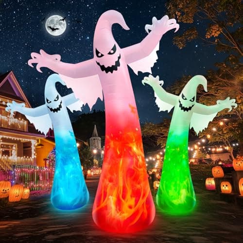 12FT Giant Halloween Inflatables Ghost with 3-Colored Flame Rotation Light