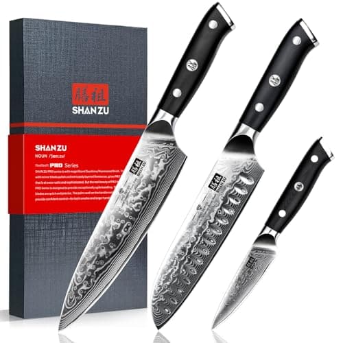 SHAN ZU Damascus Knife Set, Japanese Super Steel 3 PCS Damascus High Carbon Professional Ultra-Sharp Kitchen Chef Knife Set with G10 Handle Gift Box