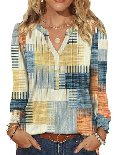 LOMON Womens Shirts Fall Fashion Tunic Tops for Women Loose Fit Dressy V Neck Pleated Long Sleeve T Shirt Women Colorblock Work Blouse Orange and Blue Plaid S