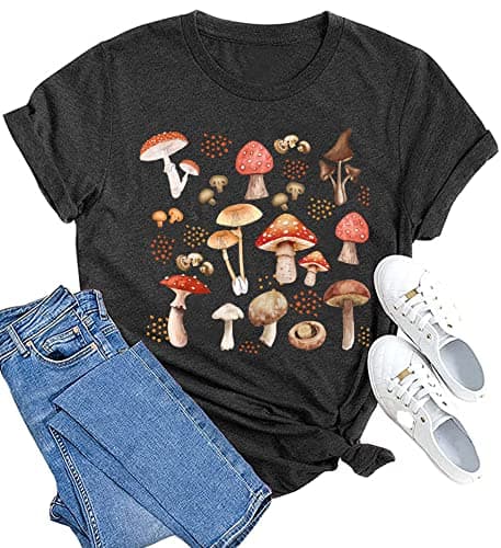 MAIHUN Mushrooms Shirts for Women Mycology Tshirt Fungi Lover Tee Mushroom Graphic Short Sleeve Grey