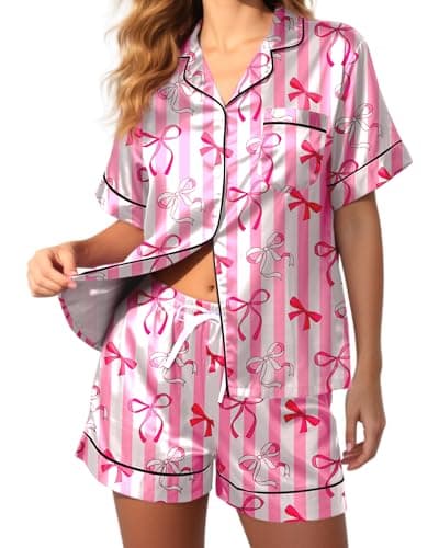 Mutkirapup Silk Pajamas for Women Shorts Satin Pjs Pink Bow Button Down 2 Piece Cute Comfy Women's Sleepwear Soft Lounge Set Summer L
