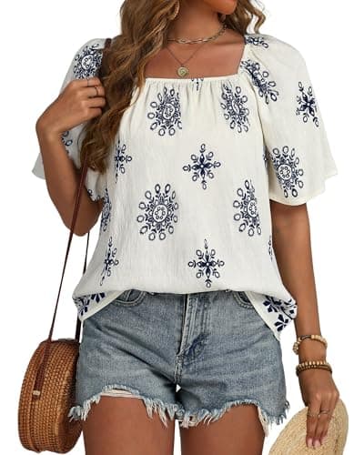 IEEILULU Boho Tops for Women Summer Square Neck Floral Print Loose Fit Blouses Tunic Casual Beach Vacation Shirts White Navy S