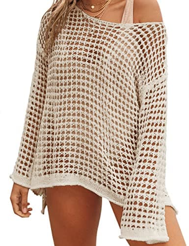 LOMON Bathing Suit Cover Up for Women Crochet Beach Cover Ups Long Sleeve See Through Swim Cover Up(Apricot,XL)
