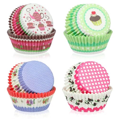 Glavatrix 100PCS Tea Party Cupcake Liners Standard Muffin Liners Teapot Floral Cake Patterns Baking Cups Cupcake Wrappers for Spring Summer Baby Shower Birthday Tea Themed Party Cake Decorations