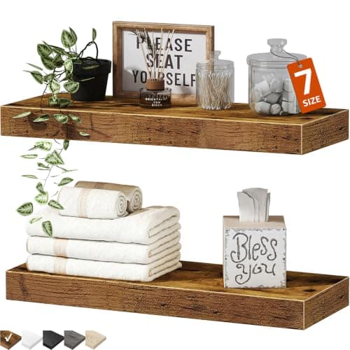 QEEIG Bathroom Floating Shelves for Wall - 15.7" Wall Mounted Shelf Over Toilet Farmhouse Home Decor Display Bookshelf Small 15.7 x 6.7 inch Set of 2, Rustic Brown (008-40BN)