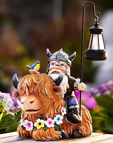 Vereemy Garden Gnome Outdoor Statue Highland Cow Decor for Yard Patio Lawn Porch Birthday Gifts for Women Men, Mother’s Day, Housewarming with Solar Light Gnome Decor for Outside