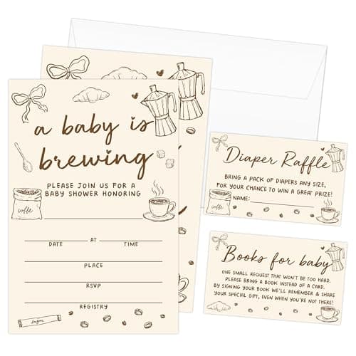 Qssfdgg Baby is Brewing Baby Shower Invitations, Coffee Bow Invitations With Envelpoes, Diaper Raffle Tickets & Book Request Cards, BabyShower Invitation Gender Neutral for Boys Girls -06