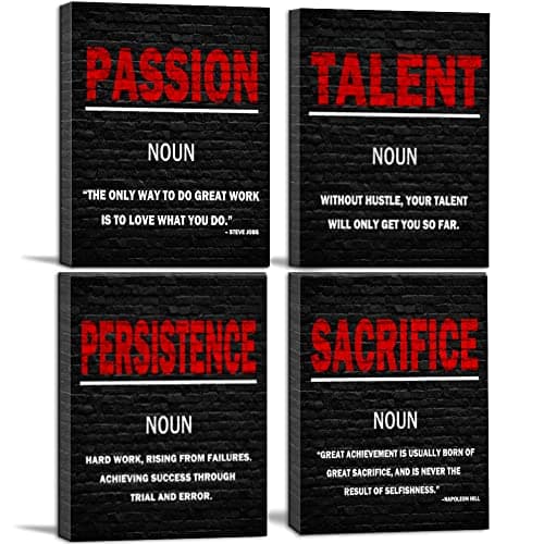 Motivational Wall Art PATIENT TALENT PERSISTENCE SACRIFICE Red Black Canvas Print Inspirational Posters Framed Canvas Art for Office Wall Decoration Rustic 4pcs/set
