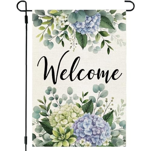 CROWNED BEAUTY Spring Garden Flag Hydrangea Eucalyptus 12x18 Inch Double Sided Small Seasonal Holiday Floral Decoration for Outdoor Lawn Yard
