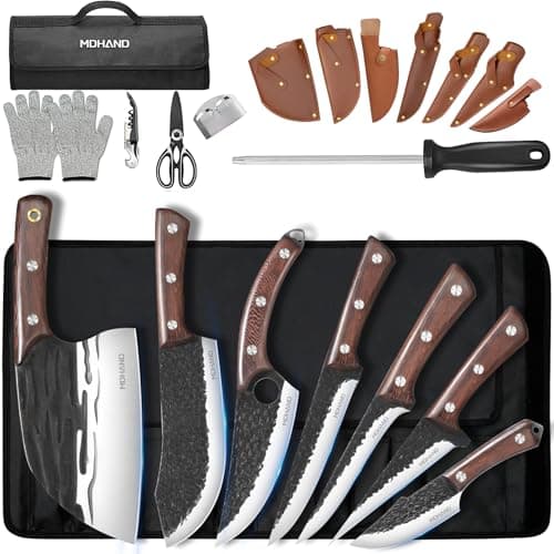 MDHAND Butcher Knife Set, Hand Forged Viking Kitchen Serbian Chef Knife Set with Roll Bag, Heavy Duty Meat Cleaver & Brisket Knives for BBQ, Outdoor Camping, Meat Cutting Tools, Gifts for Men Women
