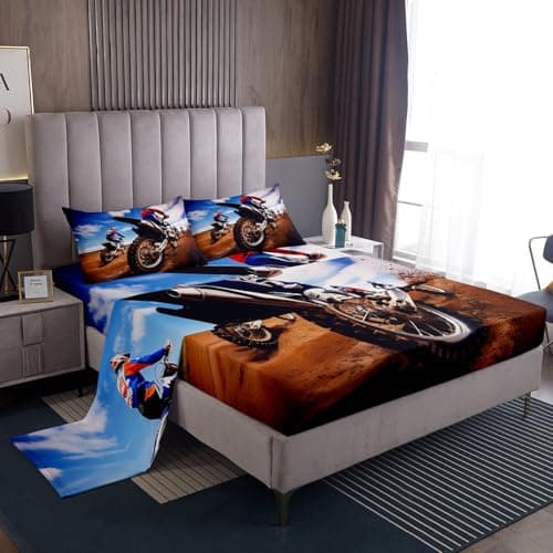 Feelyou Dirt Bike Bed Sheet Set for Boys Teens Motorcycle Rider Fitted Sheet Motocross Bedding 1 Flat Sheet & 1 Sheet with 1 Pillowcase Twin Size