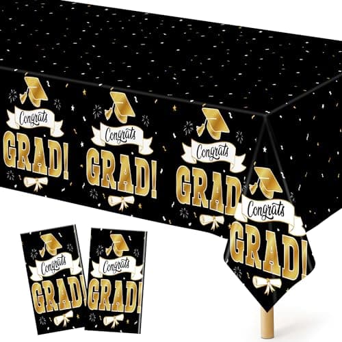 2Pack Graduation Decorations 2026, 108" X 54" Graduation Tablecloth, Blackgold Rectangle Class of 2026 Table Cloths, Disposable Plastic Congrats Grad Tablecover for Grad Party Favors Supplies