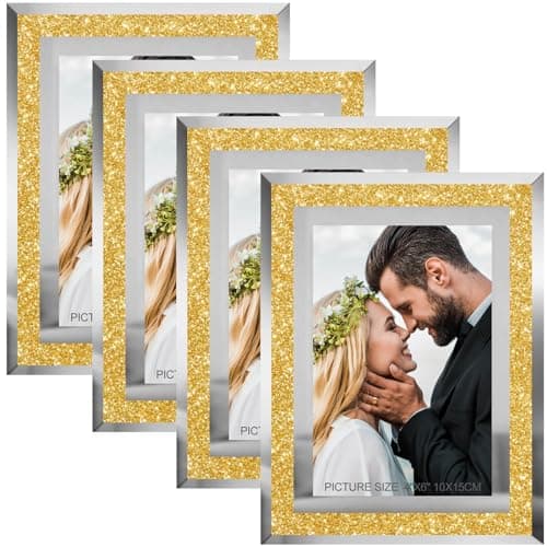HIKWADERY 4x6 Picture Frames Gold - Set of 4, Sparkle Real Glass 4 by 6 Photo Frame with Silver Mirrored Edge, for Tabletop Display, Wedding Birthday Mothers Day Gifts (4 x 6, Glitter Gold)