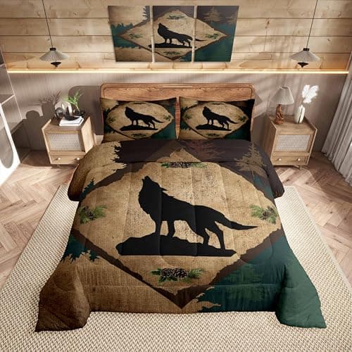 Homewish Wolf Silhouette Comforter Set Wild Animal Outdoor Pine Trees Decor Comforter for Kids Teens Adults Vintage Plaid Rustic Jungle Style Bedding Set with 1 Pillowcase+1 Comforter Twin Size 2 Pcs