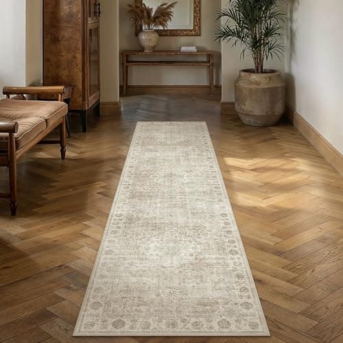 PureCozy 2x8 Beige Runner Rug Washable Non-Slip,Hallway Kitchen Vintage Distressed Long Carpet,Floral Vintage Distress Print Pattern Medallion Rugs for Office Laundry Bathroom Dining Living Room
