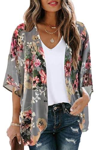 Women's Floral Kimono Cardigan Cover Up Casual Tops,Dark Grey,5XL