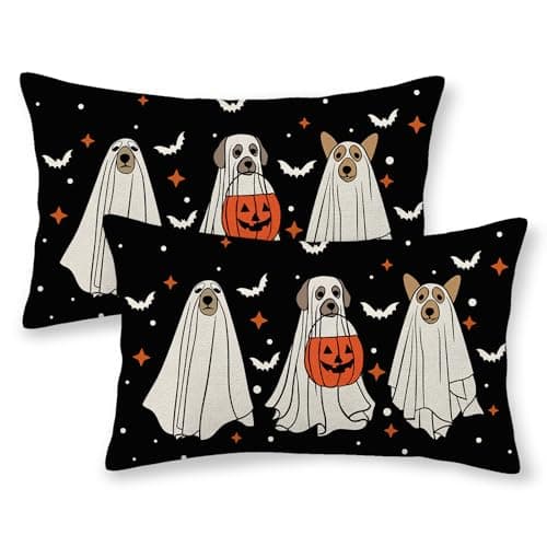 Halloween Pillow Covers 12x20 Pack of 2 Black Beige Dogs Bat Throw Pillow Covers Outdoor Decor,Autumn Holiday Decoration Black Pillowcase Farmhouse Linen Decorative Cushion Case for Couch Sofa
