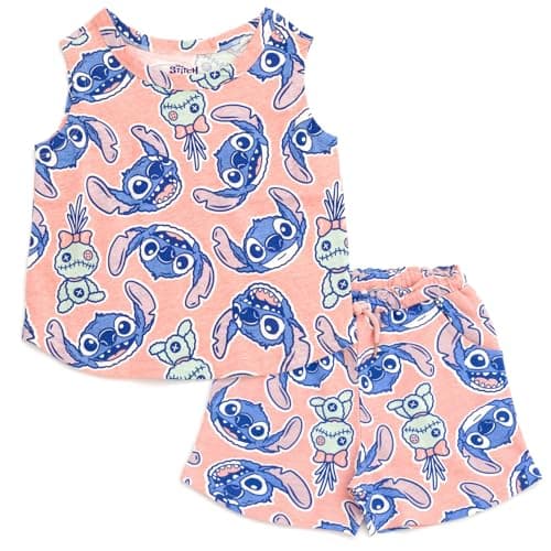 Disney Lilo & Stitch Toddler Girls Tank Top and French Terry Shorts Outfit Set Peach Pink Stitch 4T