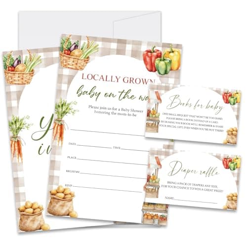 RLCNOT Locally Grown Baby Shower Invitations, 25 Sets Baby Shower Invites with Envelopes for Boys Girls, Diaper Raffle Tickets & Books Request Cards, Gender Reveal Party Supplies -03