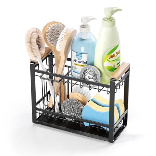 2-Tier Sink Caddy Organizer with Wooden Handle and Non-Slip Suction Cups