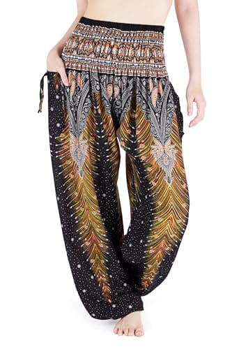 Lannaclothesdesign Women's Smocked Waist Boho Flowy Yoga Harem Pants Hippie Clothes (L, Black)