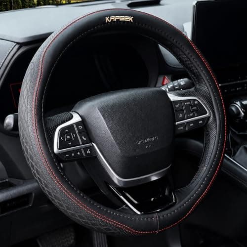 KAFEEK 15 inch Steering Wheel Cover, Breathable Perforated Microfiber Leather, Sporty Diamond Texture, Anti-Slip Red Stitching Car Steering Wheel Protector, Universal Fit for Cars SUVs Trucks, Black