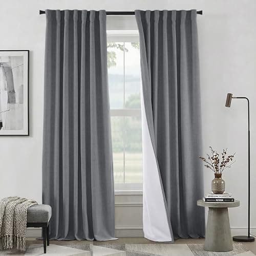 Dark Grey Linen Blackout Curtains 96 Inches Long for Bedroom Track System, Gray Tweed Textured Thermal Insulated Curtains for Boys Room, 2 Panel Set