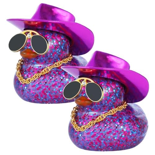 2pcs Purple Funny Rubber Ducks with Purple Cowboy Hats, Gold Necklaces, Diamond Sunglasses - Squeaky Car Dashboard Decorations Duck, Rubber Duck Accessories for Car Ornament, Office & Home Decor