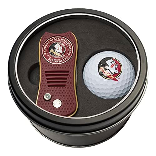 Team Golf NCAA Florida State Seminoles Tin Golf Ball Gift Set with Retractable Divot Tool and Double-Sided Magnetic Ball Marker & Golf Ball, Patented Single Prong Design, Less Damage to Greens