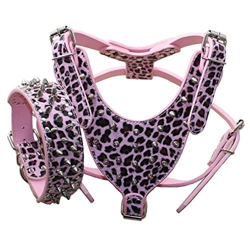 Pimaodog PU Leather Spiked Studded Dog Collars, Harnesses 2Pcs Matching Set for Medium & Large Dogs Pit Bull,Mastiff, Boxer, Bull Terrier (Studs Leopard, M)