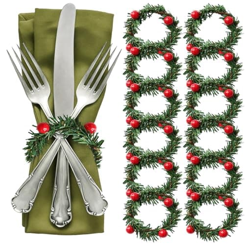 12 Pcs Christmas Napkin Rings Holly Berry Christmas Napkin Holder Mini Artificial Pine Needles Wreath with Red Berries Serviette Buckle for Xmas New Year Holiday Home Party Dinner Table Decorations