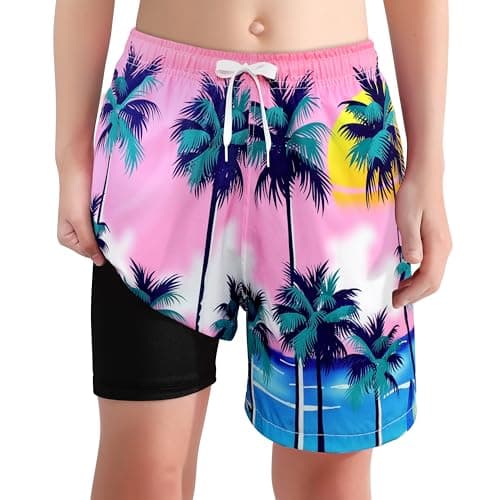 XiaoMoSha Boys Swim Trunks Big Boy Swim Shorts Boy Swimsuit Kids Beach Swimsuit Toddler Bathing Suit with Boxer Brief Liner Compression Running Swim Trunks BeachTree Size 10-12 Years