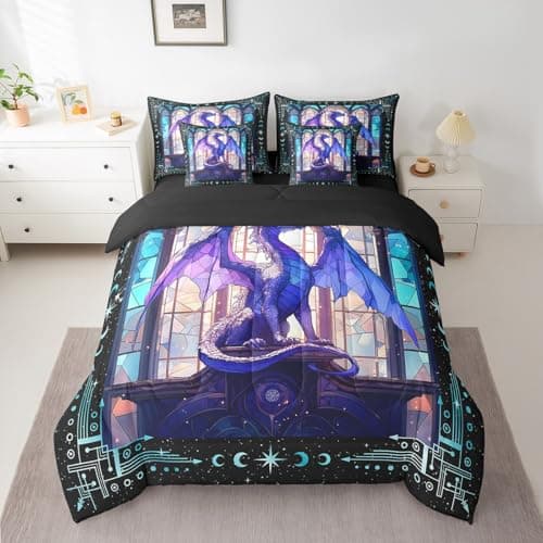 Feelyou Dragon Comforter Set with Sheets Twin Size Dragon Stuff Bed in a Bag for Boys Girls Teens Modern 7 Pieces Bedding Set Dragon Decor Bed Set Room Decor Purple