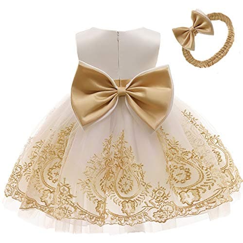 NSSMWTTC Flower Girl Dresses Wedding Baby Birthday Party Christmas Pageant Event Baptism Prom Dress(Golden White,90)