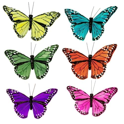 Berfutall- Feather Butterfly Decorations Set of 12 Vibrant Multi Colored Craft Butterflies on Wire .Party Spring Home Decor Floral Pics