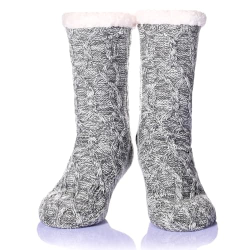 SeeyAN Fuzzy Slipper Socks for Women Winter Thermal Warm Cozy Socks, Grey#N