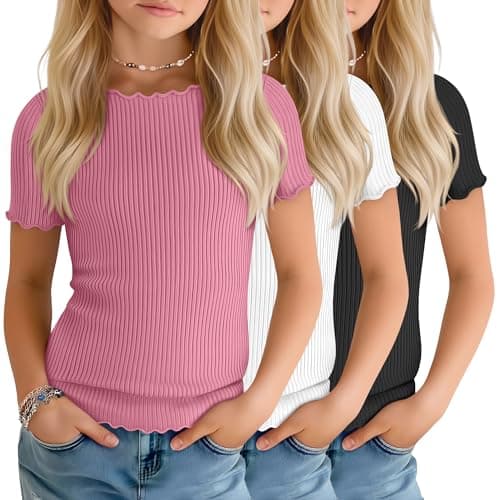 YooAurvox 3 Pack Girls Ribbed T-Shirts, 3-Color, 13-14 Years