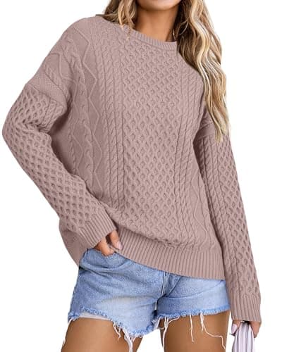 Arach&Cloz Womens Oversized Cute Sweater 2026 Spring Winter Clothing Fashion Plus Size Tops Cable Knit Crewneck Wool Cashmere Long Sleeve Clothes Trendy Fisherman Pullover Light Nutmeg L