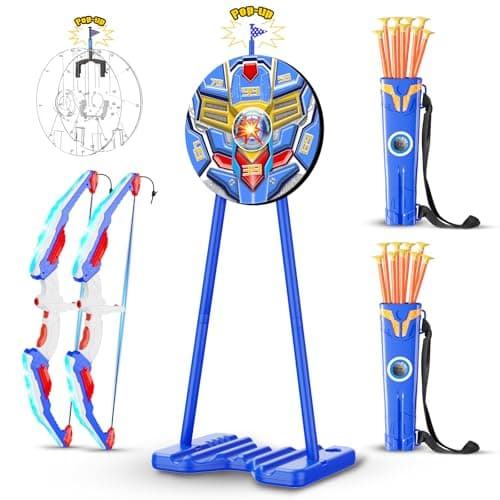MLDKA Kids Bow and Arrow Set, LED Light Up Archery Toy Set with Suction Cup Arrows, Standing Target & Quiver, Indoor and Outdoor Toys Sport Gifts for Kids, Boys & Girls Ages 4 5 6 7 8 9 10 11 12