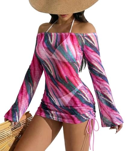 ALIREVERIE Summer Womens Summer Resort Beach Cover Ups Off Shoulder Crochet Multicolor Swimsuit Coverup Fuchsia & Malachite XL