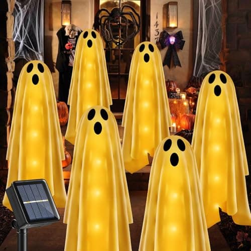 Betrihyes 6PACKS Halloween Decorations Outdoor Solar Ghost Lights,Scary Ghost Decor with Spooky Party Gifts,Solar Halloween Path Lights for Front Porch/Yard/Garden/Home/Ghost Party Decor Warm White