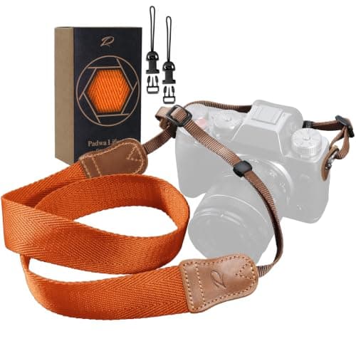 Padwa Lifestyle Orange Camera Strap - 1.5" Double Layer Crazy Horse Cowhide Ends Camera Straps for Photographers,Universal Adjustable Pure Cotton Woven Neck Shoulder Strap for Cameras and Binoculars
