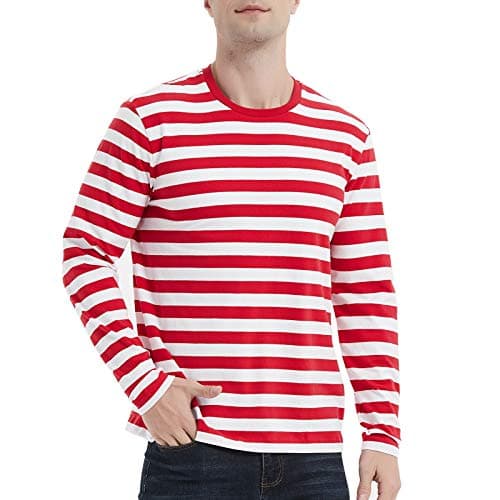 Casual Black White Striped T-Shirt Mens Long Sleeve Cotton Spandex Crewneck