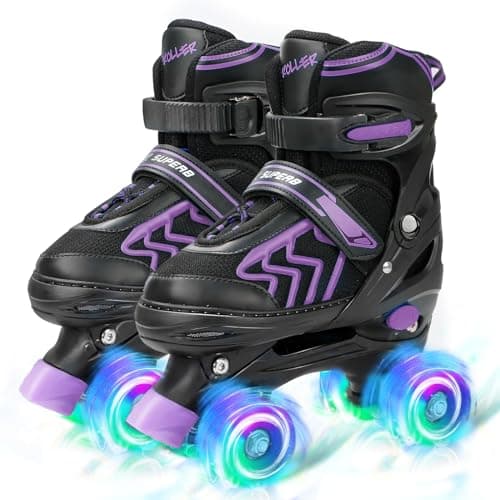 Kids Roller Skates for Girls Children Beginners Toddlers, Adjustable 4 Sizes Kids Roller Skates for Child Ages 4-6 -12 with Light up Wheels (Purple Black, Small - Little Kid)