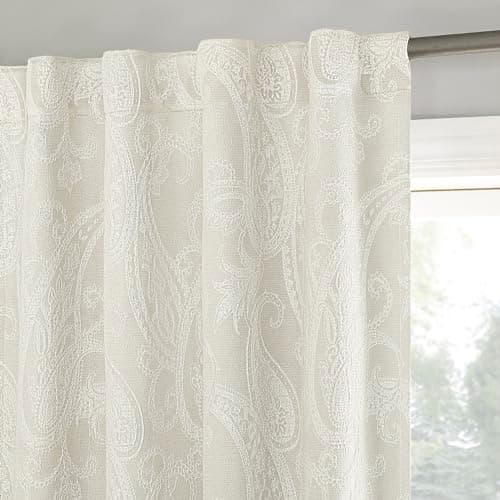 Sun Zero Pedra Paisley Embroidery 100% Total Blackout Back Tab/Rod Pocket Curtain Panel, Pearl White, 40" W x 63" L (1 Panel)
